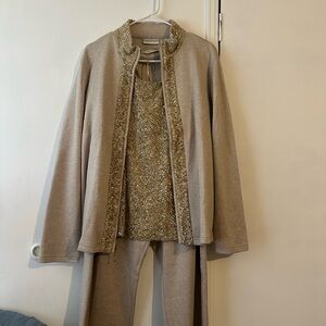 Beaded Trim Beige Jacket Set with Metallic Tank